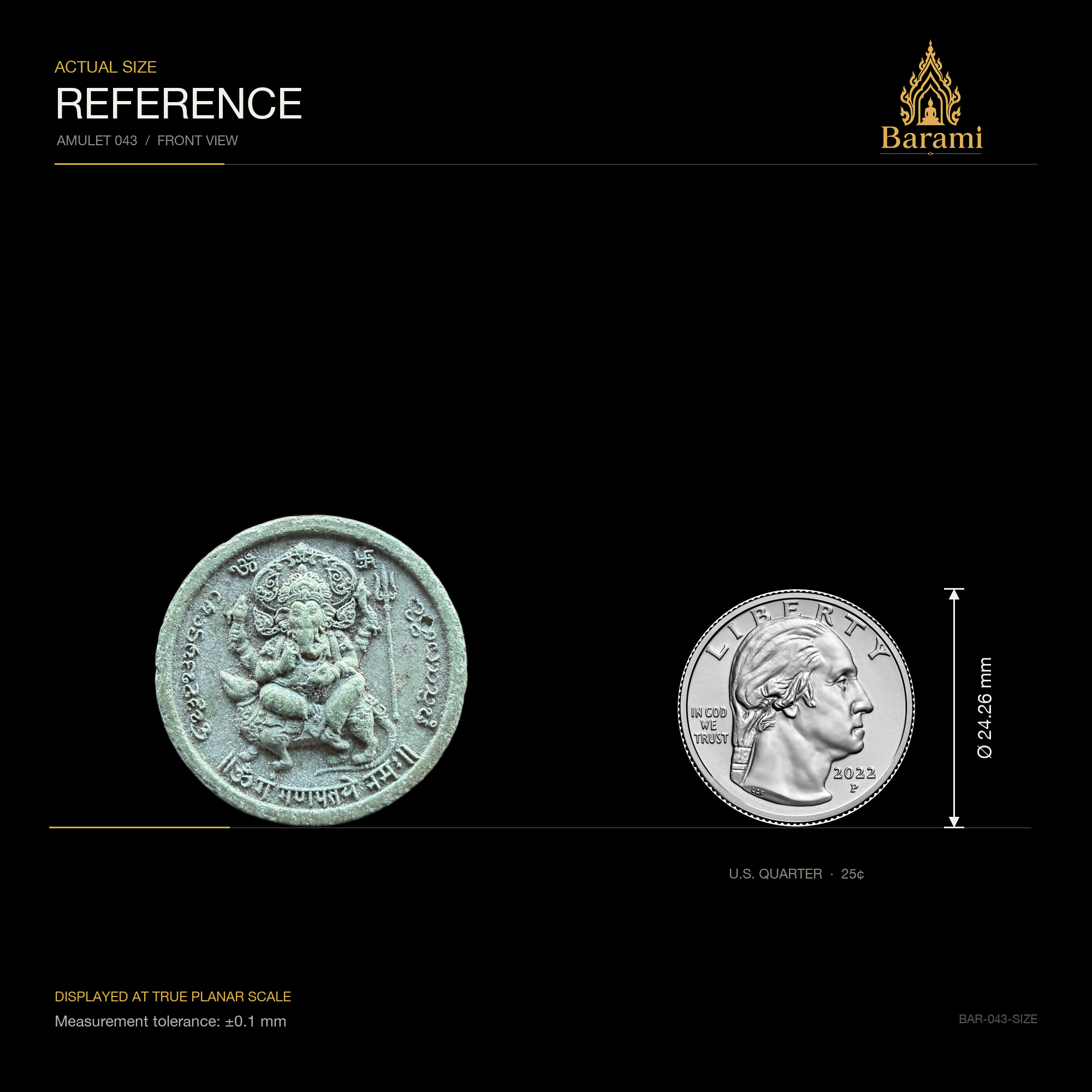 Ganesha — Green-Patina Round Multi-Armed Medallion, size reference